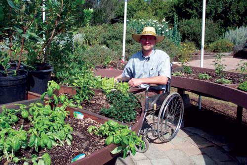 a photo of a man in a wheelchair gardening in his raised garden