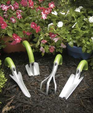 a collection of gardening tools with a curved handle