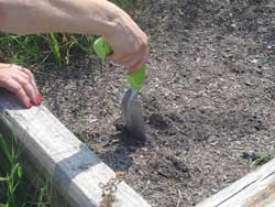 a photo of a woman using a gardening shovel with a curved handle